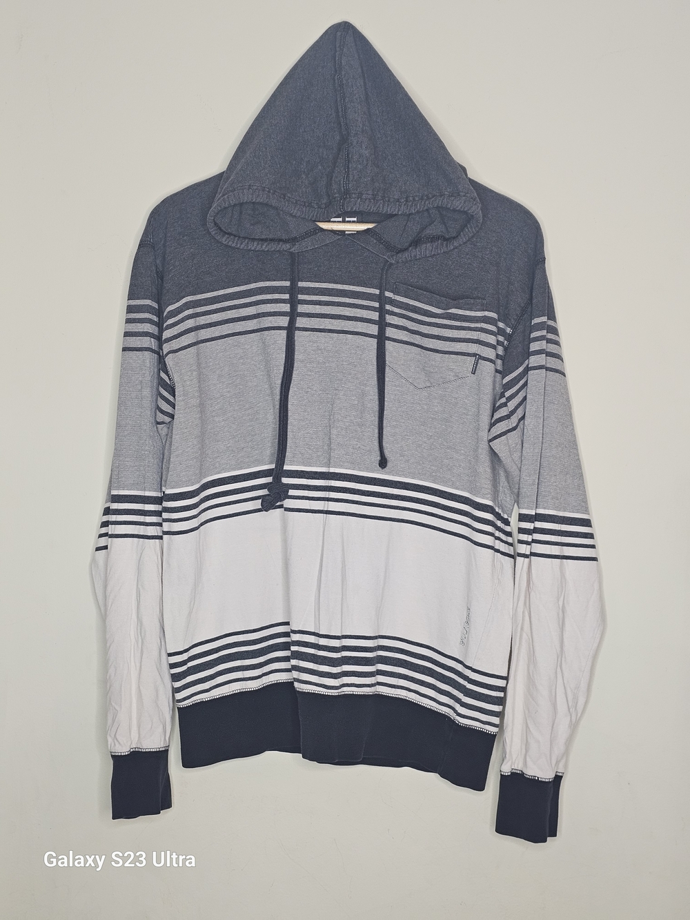 Billabong Men's Navy, Gray & White Striped Hooded Pullover